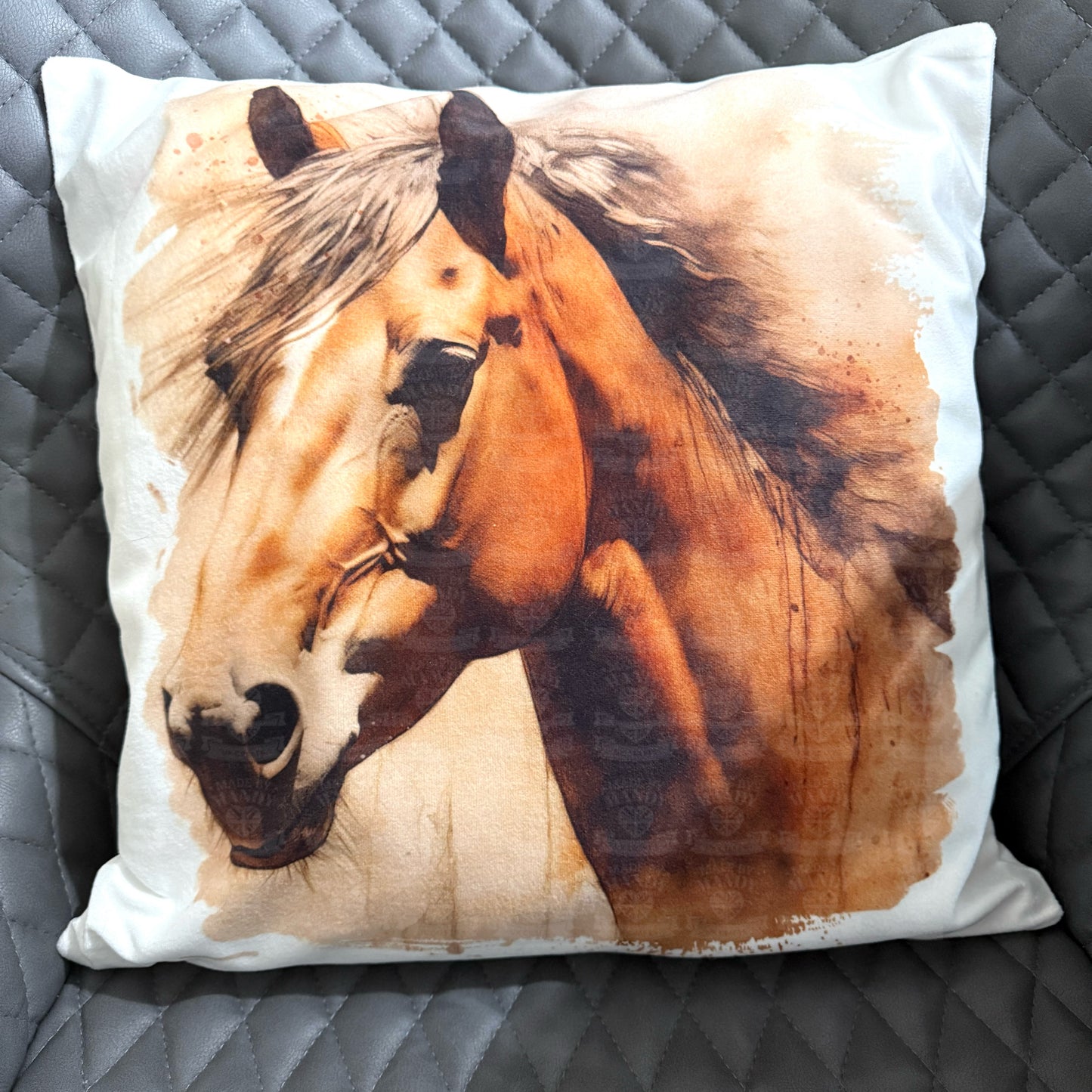 Horse cushion cover in amber shades water coloured style