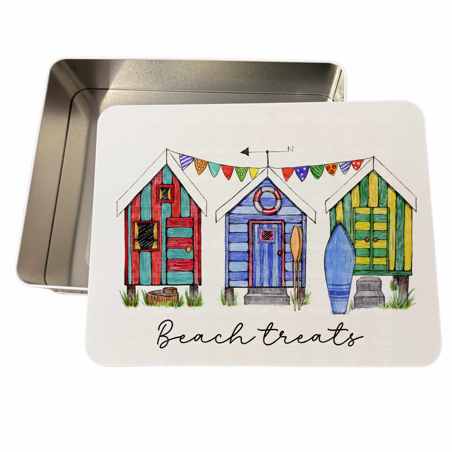 Personalised hand drawn beach hut tin