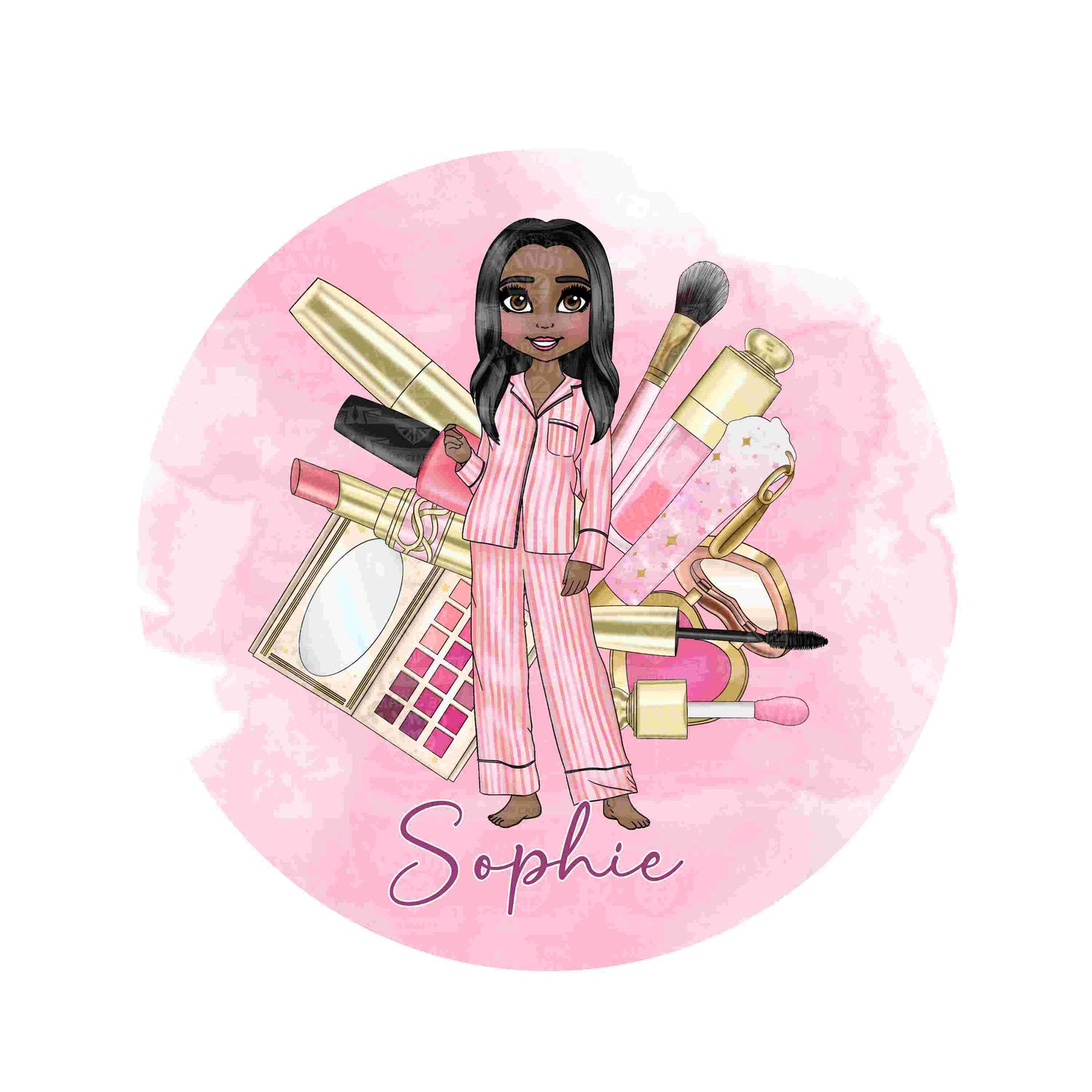 Personalised round rose gold compact pocket mirror with a pink make up girl in stripe pyjamas Teenager friend Sister Mum girl Gift