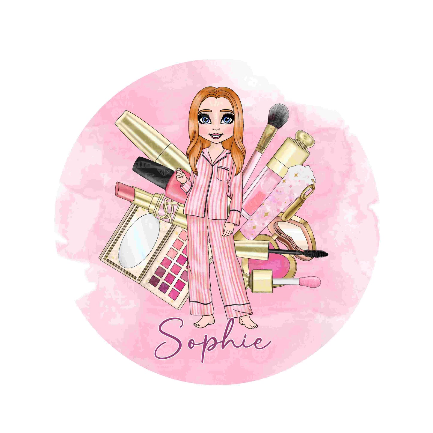 Personalised round rose gold compact pocket mirror with a pink make up girl in stripe pyjamas Teenager friend Sister Mum girl Gift