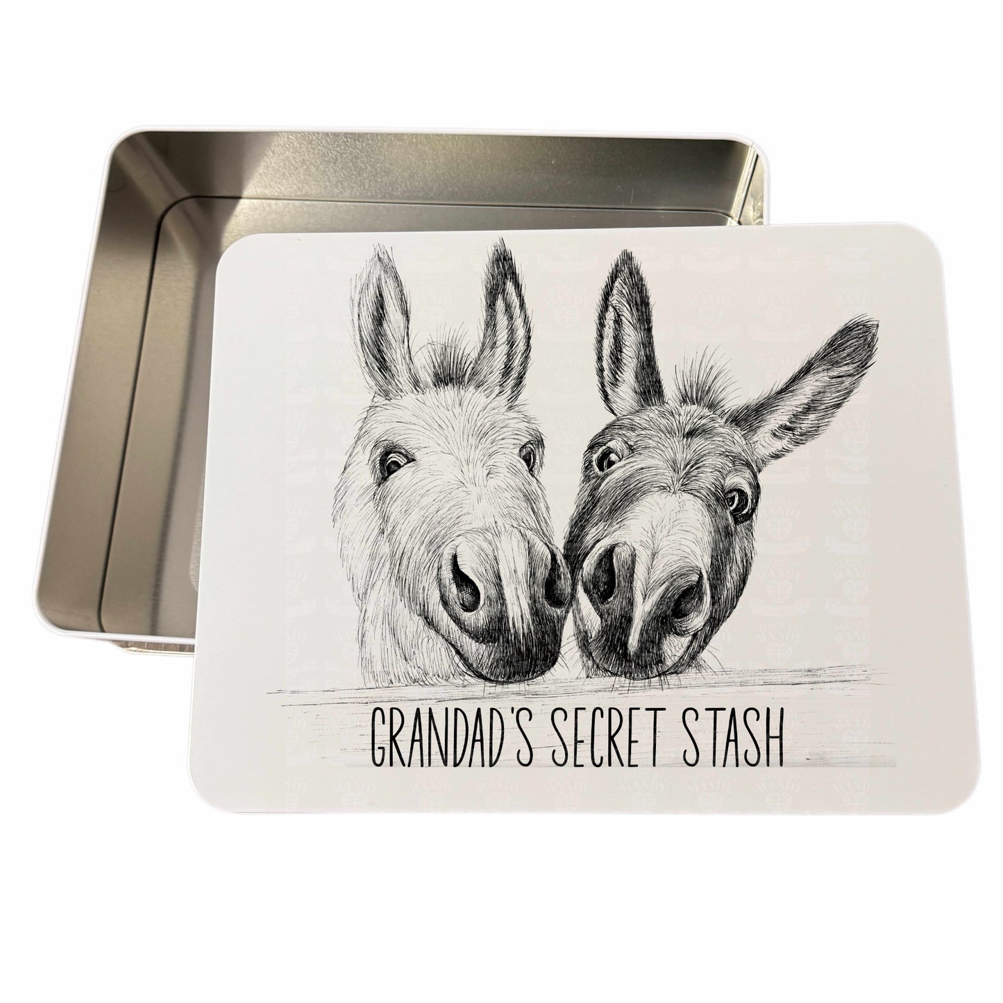 Personalised Donkey themed designed tin. Personalise with a meanigful name or phrase White tin with monochrome sketched design, metal on the inside.