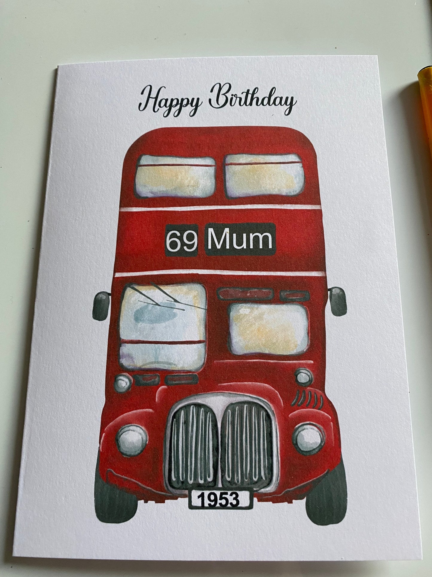 Personalised 5x7 card featuring a London style red bus,Retirement card, Happy Birthday card, pensioner card, Dad, Mum, uncle, Brother