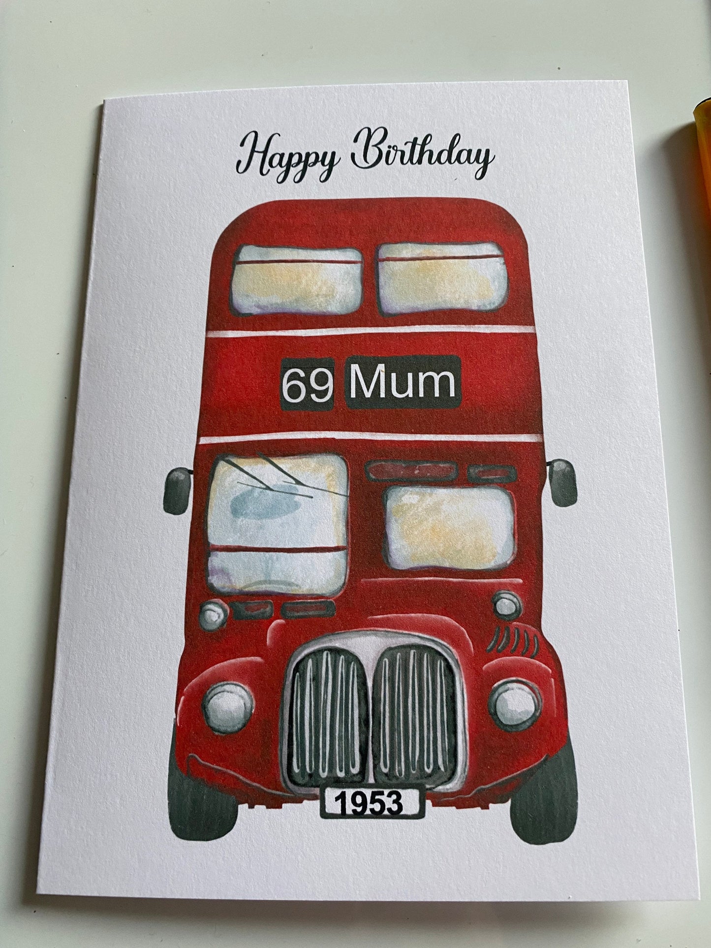 Personalised 5x7 card featuring a London style red bus,Retirement card, Happy Birthday card, pensioner card, Dad, Mum, uncle, Brother