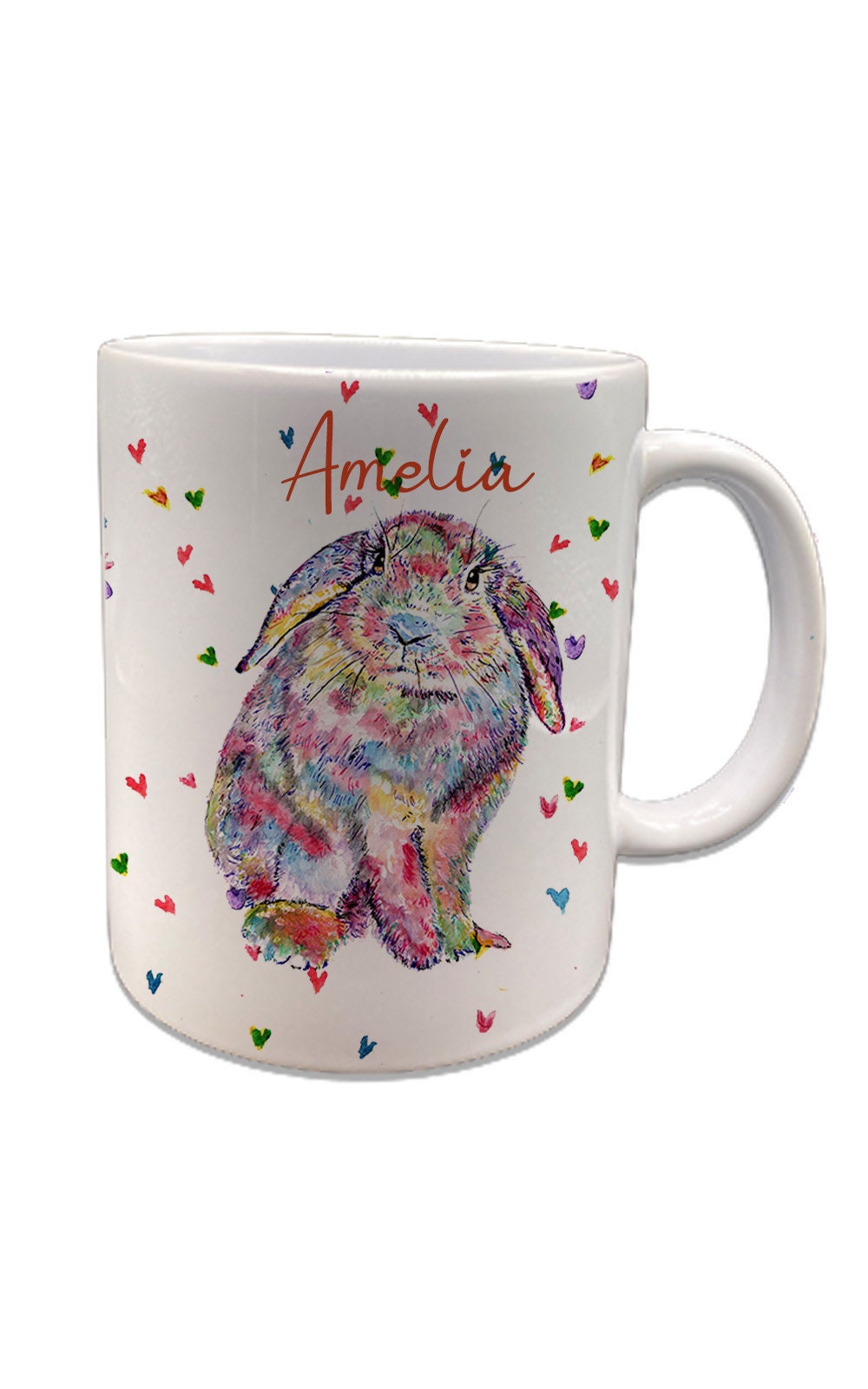 Personalised Lop eared Rainbow coloured Rabbit with hearts water coloured gift mug - perfect gift for Birthdays, Bunny lovers, Easter mug