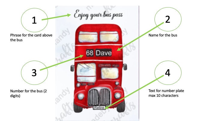 Personalised 5x7 card featuring a London style red bus,Retirement card, Happy Birthday card, pensioner card, Dad, Mum, uncle, Brother
