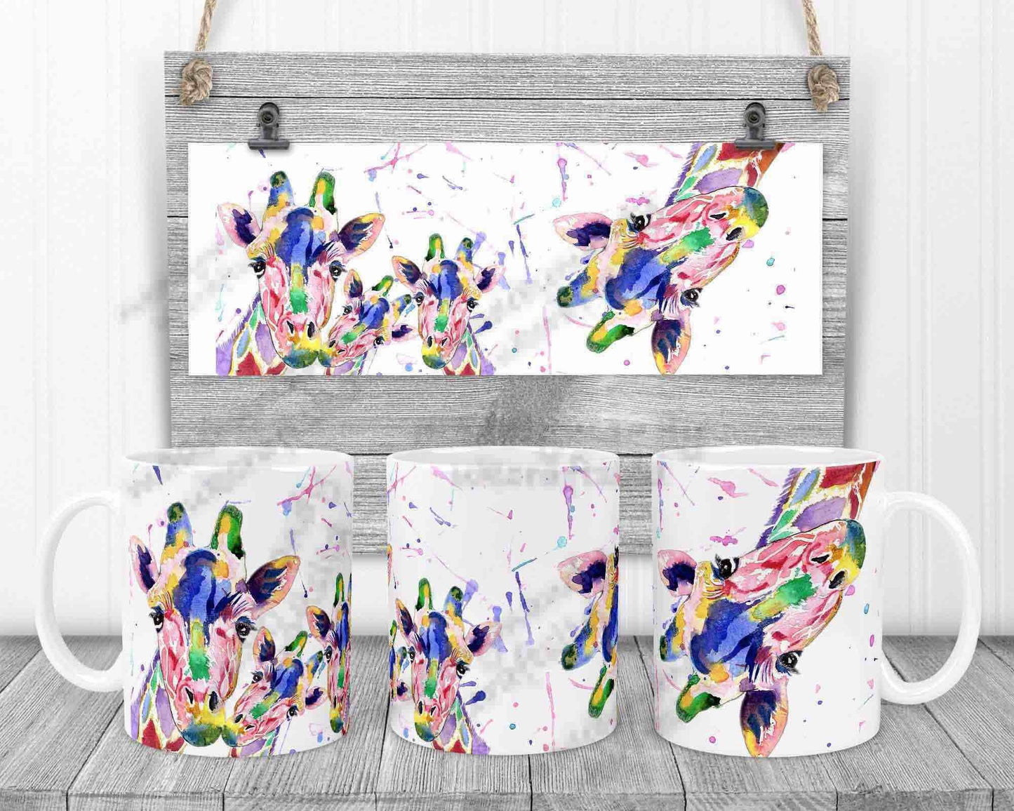 Water colour giraffe's gift mug - excellent gift for all occasions mum Nan gran niece teacher school artwork printed colourful rainbow cup