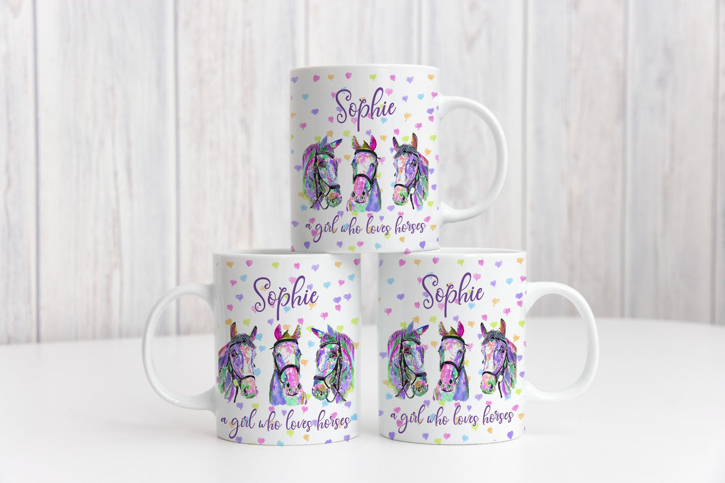 Personalised - Just a girl who loves horses - purple horses with love hearts background water colour gift mug - mother's day easter gift
