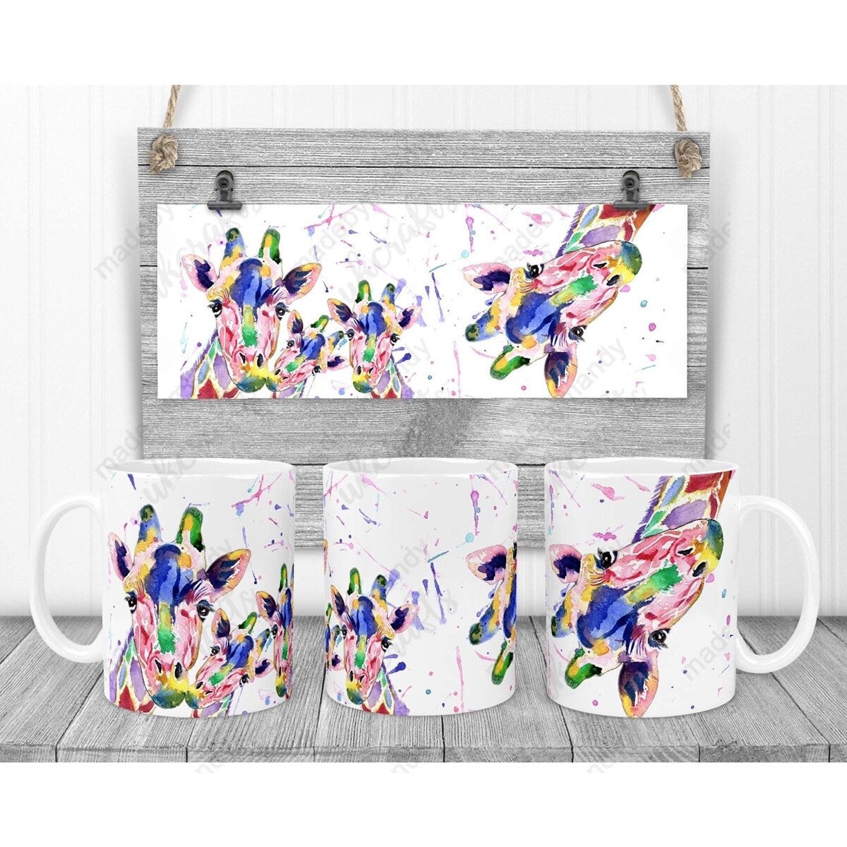 Water colour giraffe's gift mug - excellent gift for all occasions mum Nan gran niece teacher school artwork printed colourful rainbow cup
