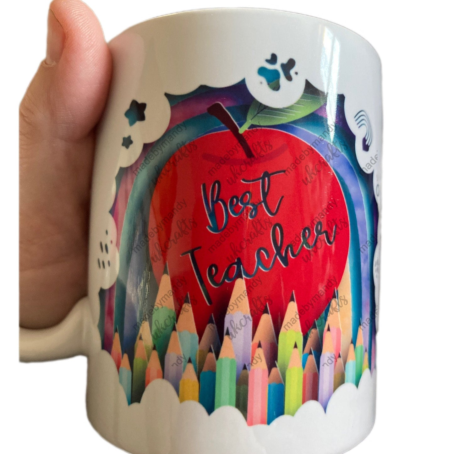 Bright colourful Teacher thank you mug for end of term end of yea school gifts compleye with Thank you messgage inside the mug