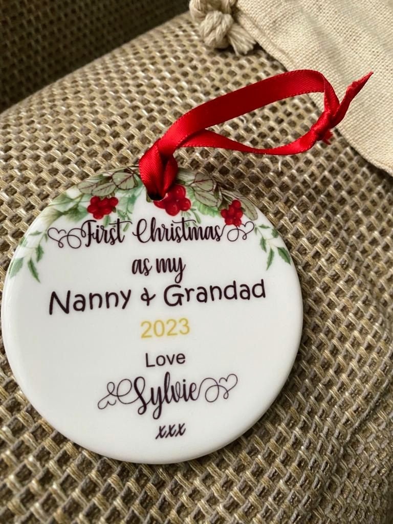 Personalised first Christmas as Grandparents ceramic flat bauble with ribbon. Gift from new baby to new Grandparents, Parents Aunties, Uncle