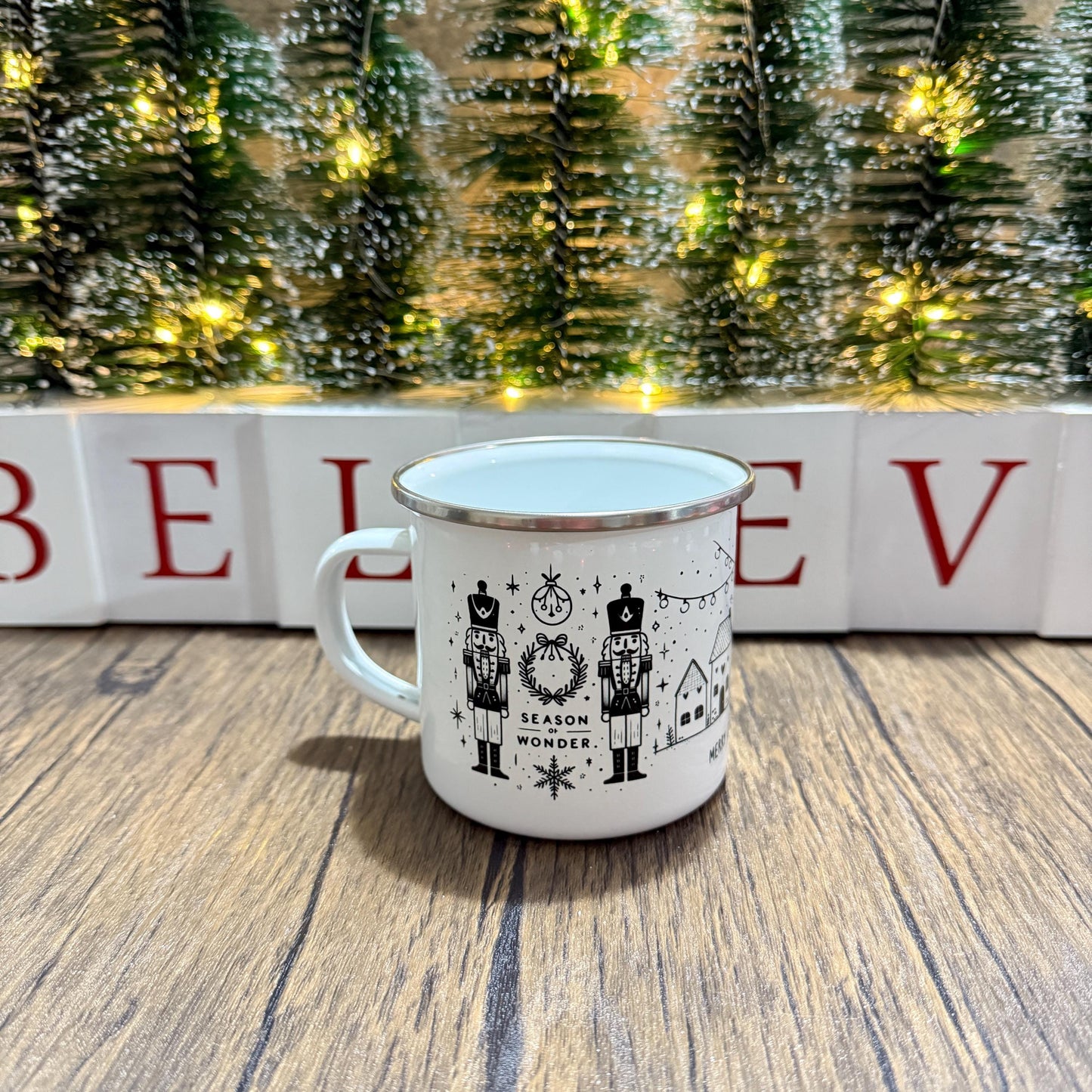 Enamel Mug Monochrome design stocking filler Christmas gift cute nutcrackers and Houses 12oz enamel mug