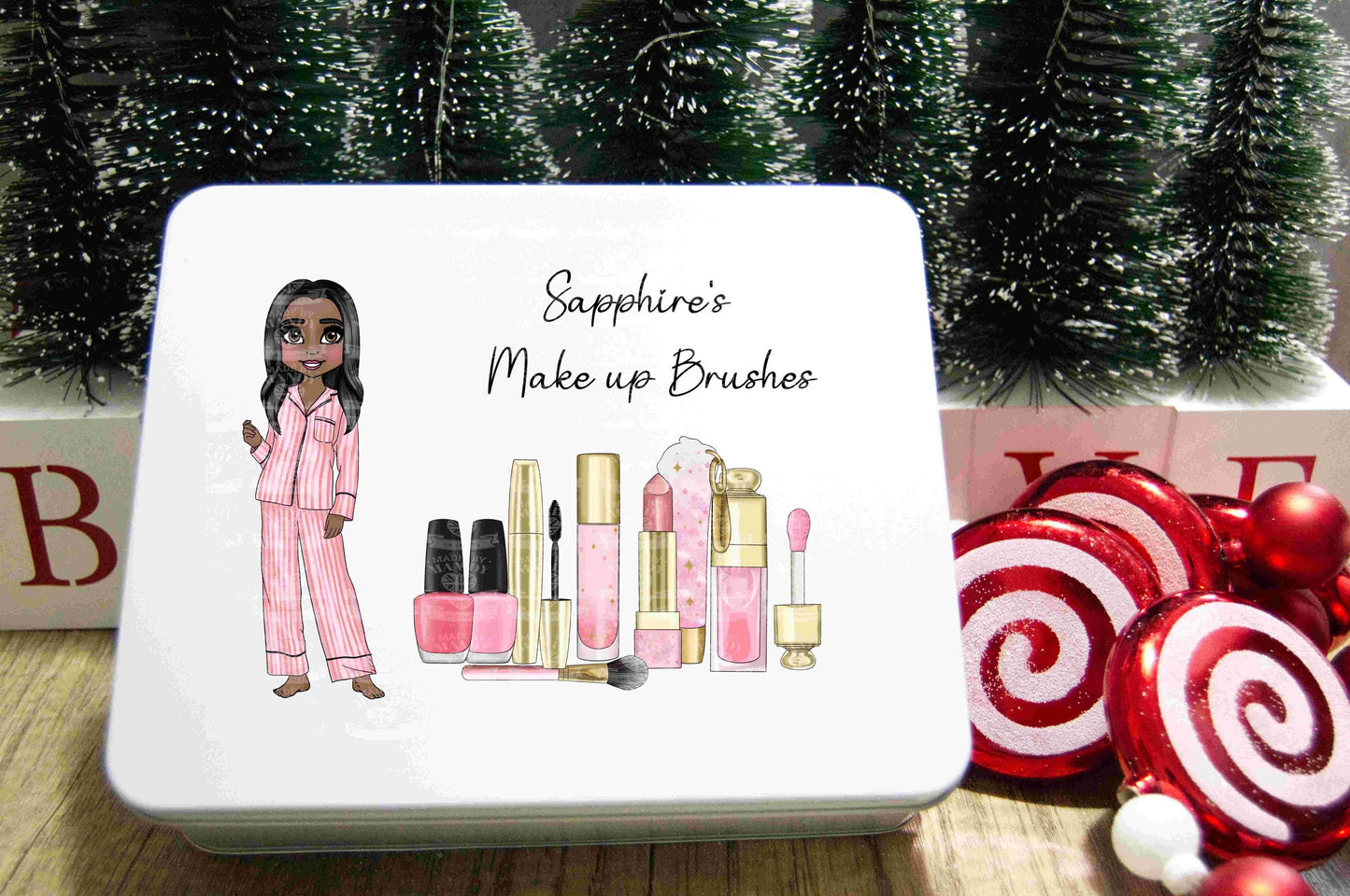 Personalised medium tin for Make up, Brushes, storage, pink makeup with a girl character in pink stripe pyjamas, Christmas, Birthday, Sister
