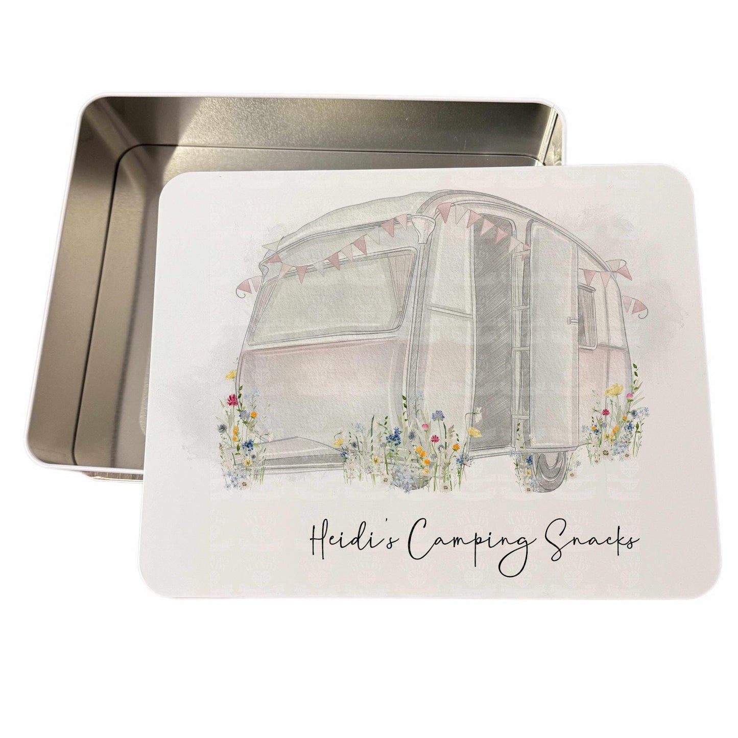 Personalised Hand drawn pink floral caravan themed designed biscuit tin.