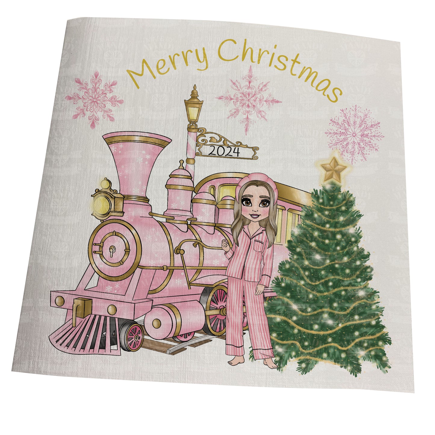 Pink Christmas card with Pink train and Girl character in pink stripe pj's
