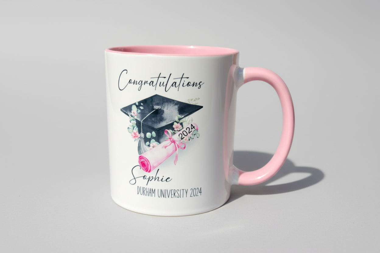 Graduation-themed mug with pink handle and 'Congratulations 2026' design on a white background