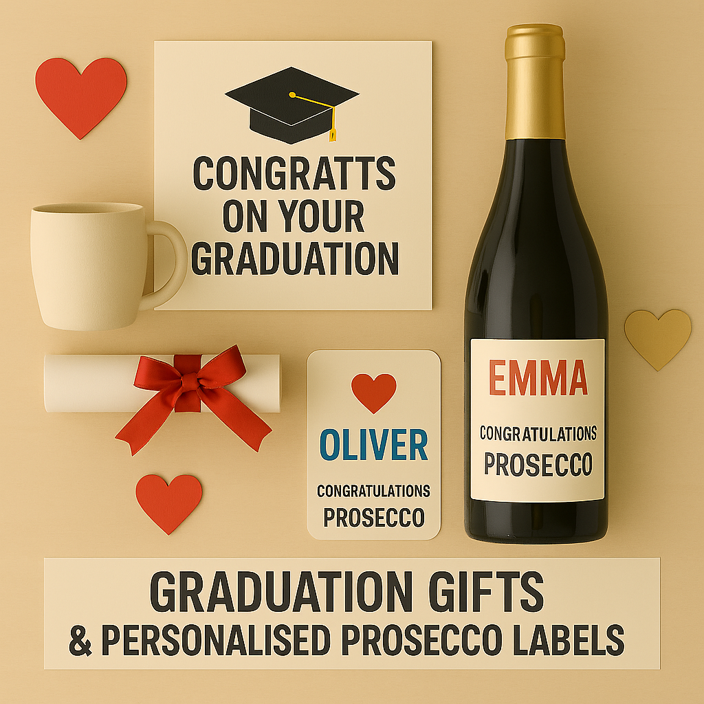  Personalised Graduation wine prosecco stickers to celebrate in style matching cards mugs