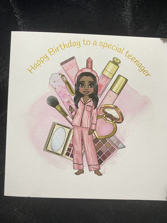 Happy Birthday to a special teenager, pink make up girl card