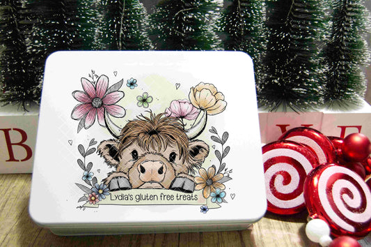 Highland cow floral hand drawn printed tin