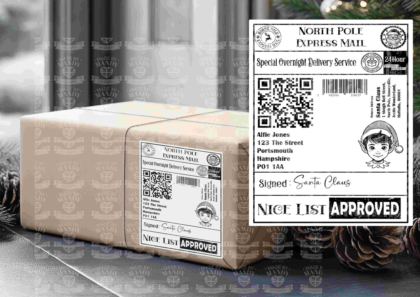Personalised interactive Santa Father Christmas North Pole postage shipping label