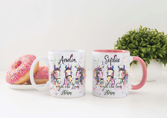 Personalised - Just a girl who loves horses water colour designed gift mug - excellent gift for all occasions gift girls horses niece mum