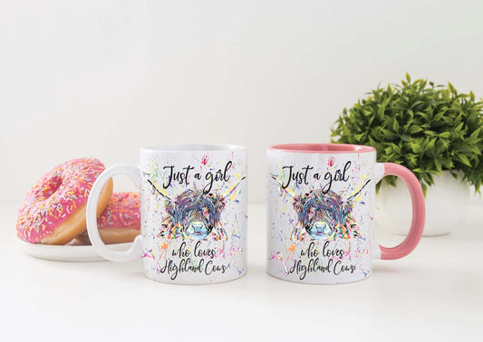 Personalised Just a girl who loves Highland cows water colour gift mug - secret santa , personalised christmas gift for highland coo lovers