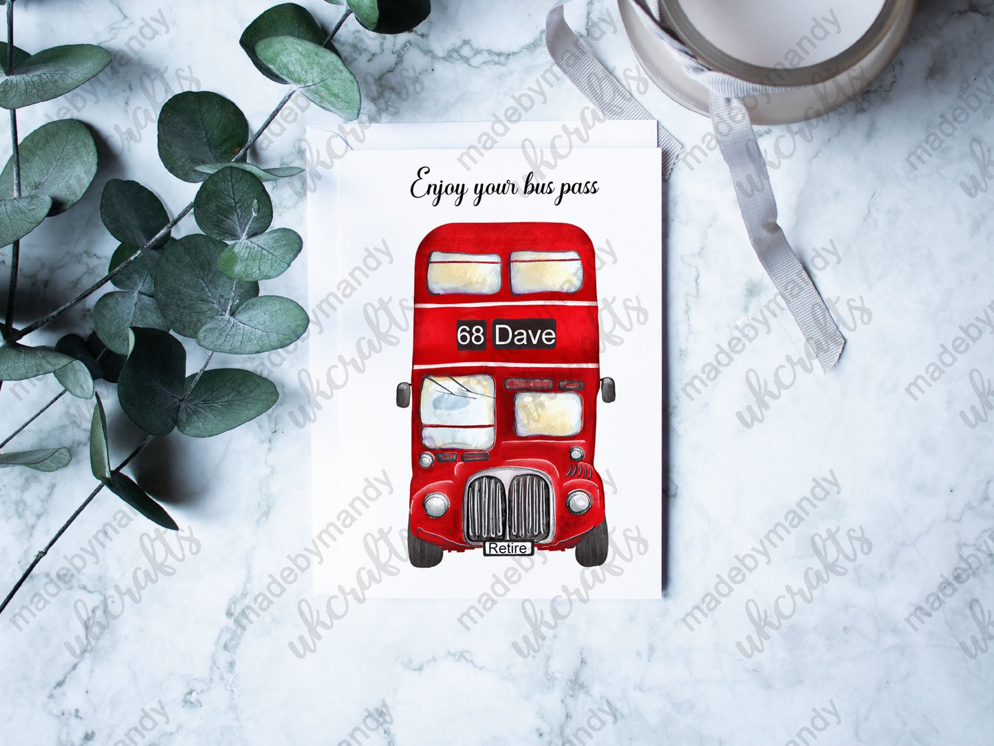 Personalised 5x7 card featuring a London style red bus,Retirement card, Happy Birthday card, pensioner card, Dad, Mum, uncle, Brother