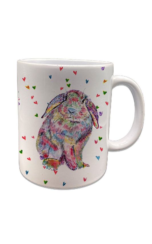 Personalised Lop eared  Rainbow coloured Rabbit with hearts  water coloured  gift mug - perfect gift for Birthdays, Bunny lovers, Easter mug