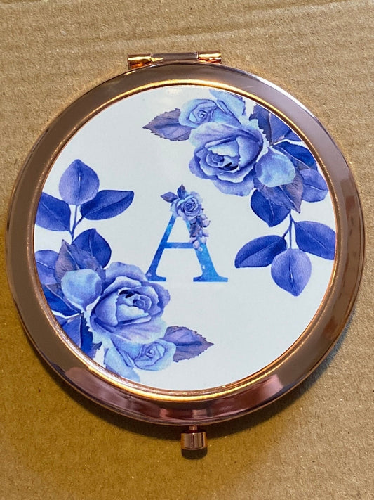 Round rose gold compact mirror personalised with an initial complete with blue rose coloured design, Mum Bridesmaid Friend Sister Christmas