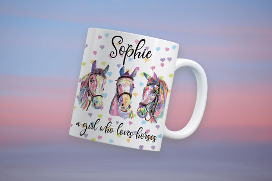 Personalised - a girl who loves horses with pastel love heart background water colour designed gift mug - gift for all occasions gift girl