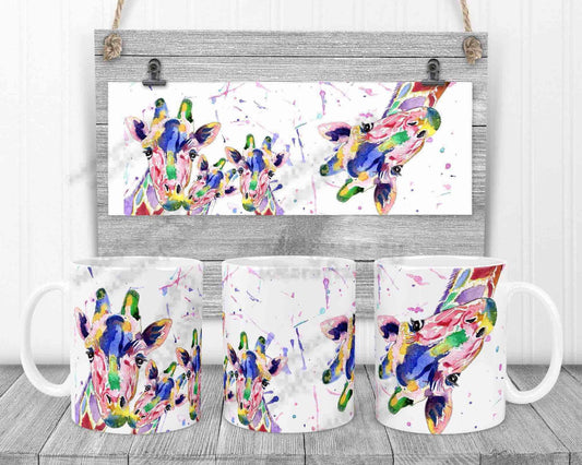 Water colour giraffe's gift mug - excellent gift for all occasions mum Nan gran niece teacher school artwork printed colourful rainbow cup