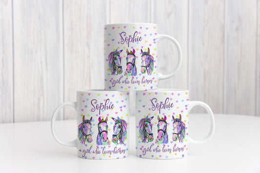 Personalised - Just a girl who loves horses - purple horses with love hearts background water colour gift mug - mother's day easter gift