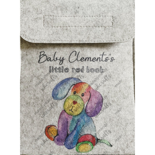 Toy Dog Red book cover, Personalised red book cover grey wallet, folder for baby’s red book, medical notes, letters, gift for new Parents.