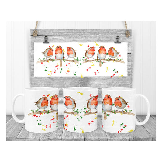 Personalised coffee tea mug cup with 3 robins and coloured splatter