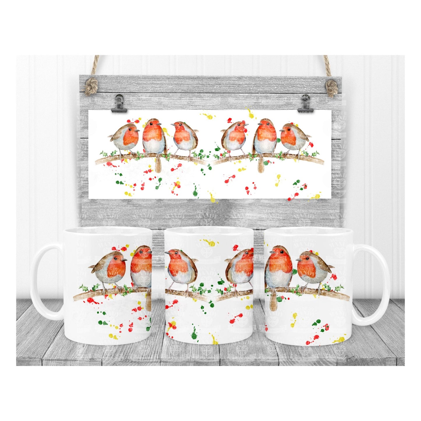 Personalised coffee tea mug cup with 3 robins and coloured splatter
