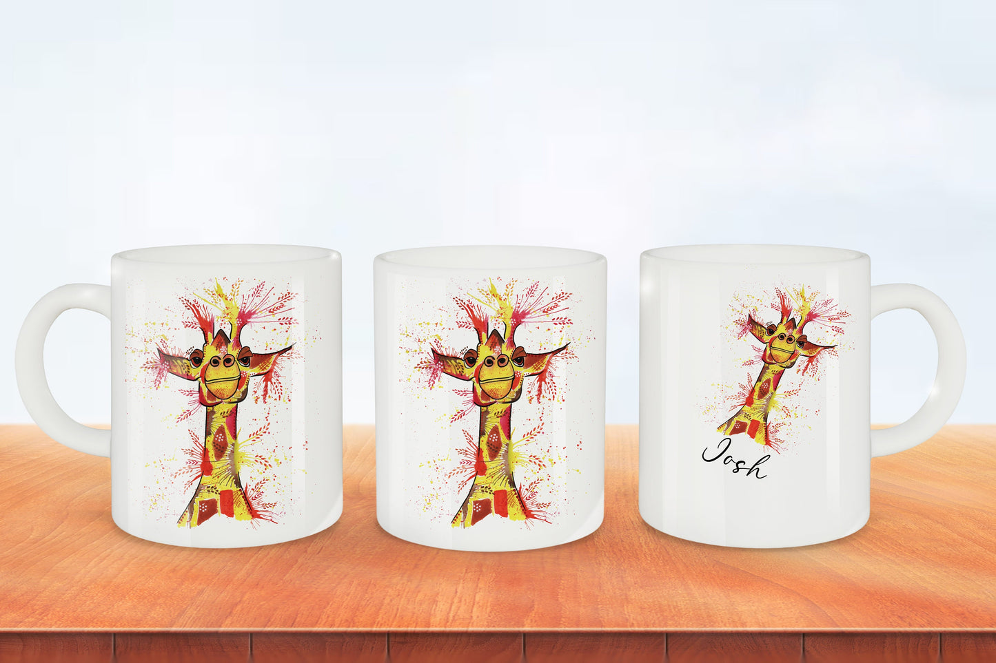 Bright colourful giraffe mug can be personalised