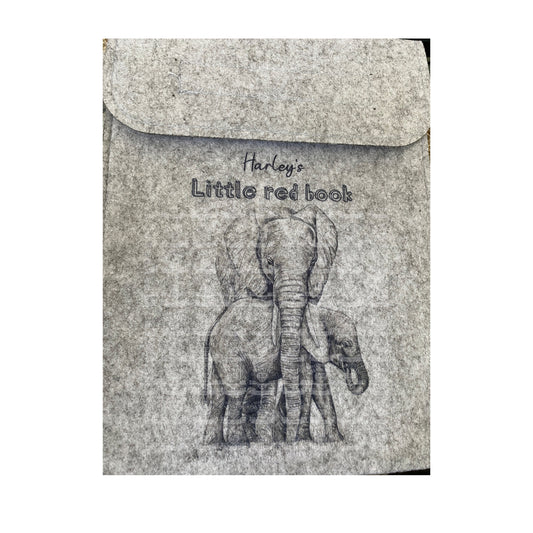 Personalised hand-drawn elephants baby red book cover,   baby's grey wallet, medical notes, letters, gift for new Parents, baby shower gift