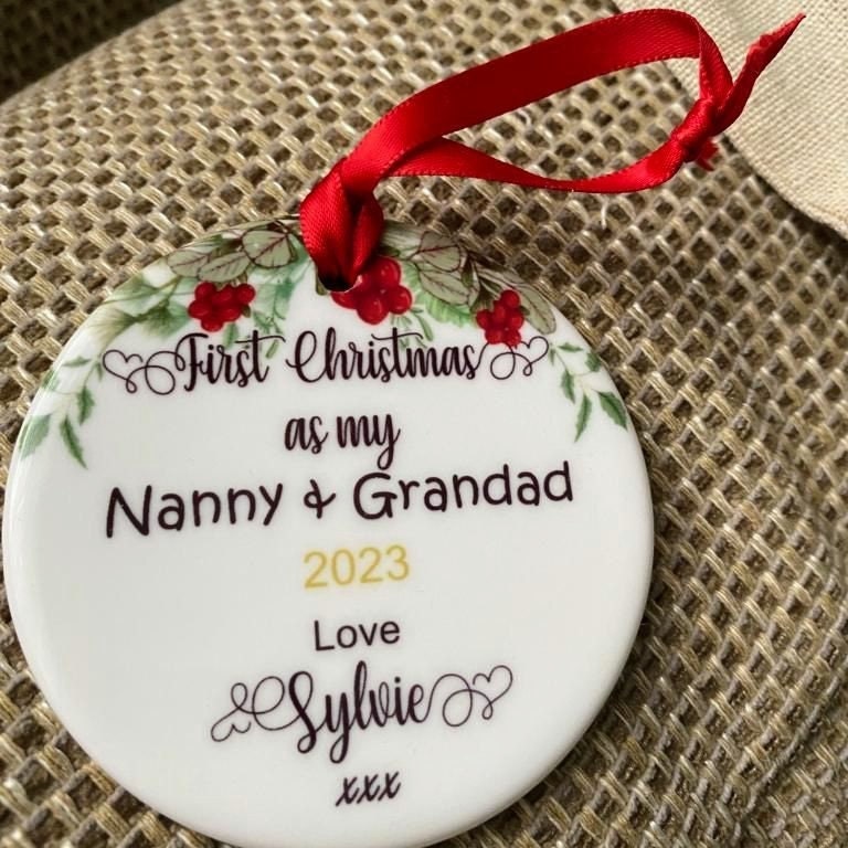 Personalised first Christmas as Grandparents ceramic flat bauble with ribbon. Gift from new baby to new Grandparents, Parents Aunties, Uncle