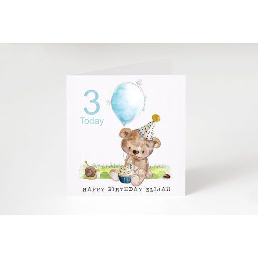 Personalised Teddy birthday card with age and blue balloon