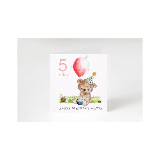 Personalised Childs birthday card with age teddybear and pink balloon birthday card perfect for boys girls and baby's 1st birthday