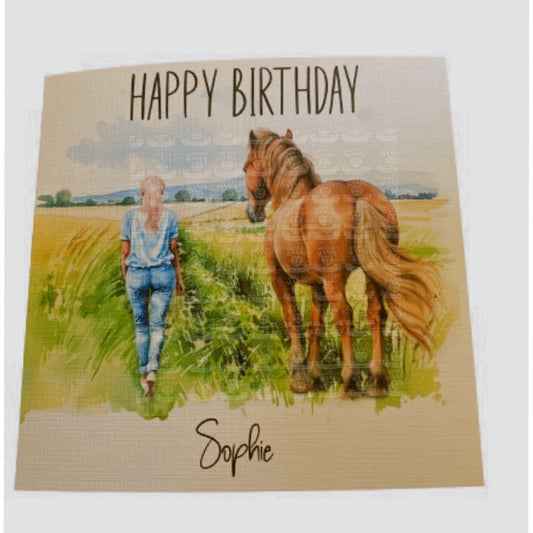 Personalised blonde girl with horse birthday card for horse lover girl mum aunt niece