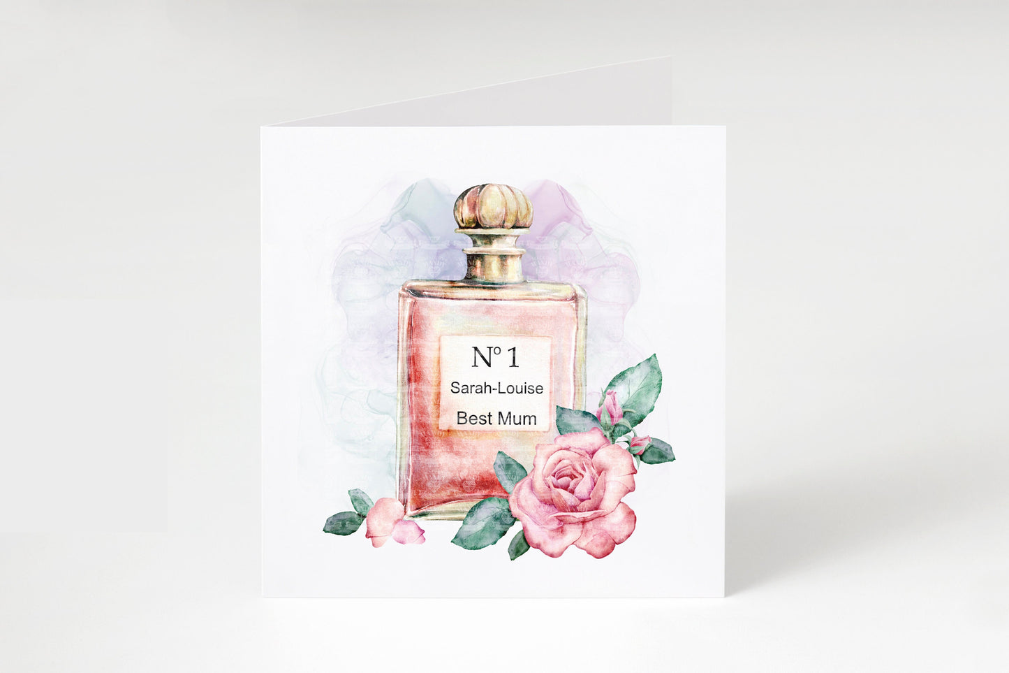 Personalised perfume bottle with flowers Mother's day card,Birthday card, for mother's day, mum, mam, step mum, nan, Nanna,Nanny