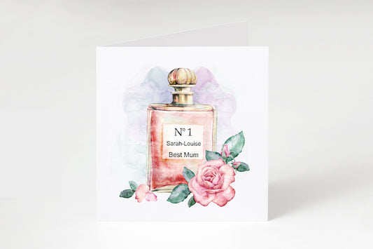 Personalised perfume bottle with flowers Mother's day card,Birthday card, for mother's day, mum, mam, step mum, nan, Nanna,Nanny