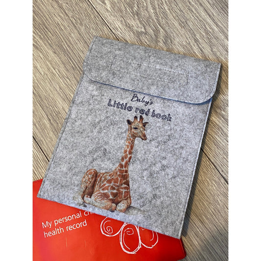 Personalised hand drawn giraffe baby red book cover, grey wallet, folder for baby’s red book, medical notes, letters, gift for new Parents.