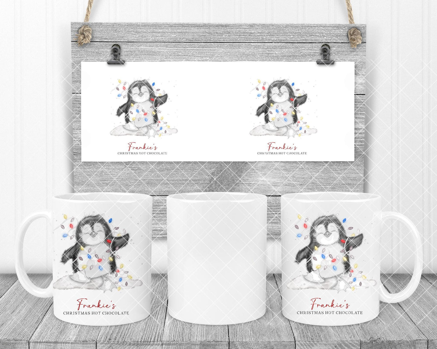 Cute penguin with multi coloured lights personalised Christmas mug gift for children adults office Hot chocolate lover gift idea