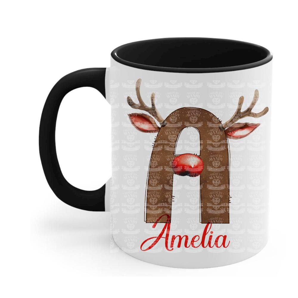 Personalised Reindeer style initial with antlers and name Christmas hot chocolate mug