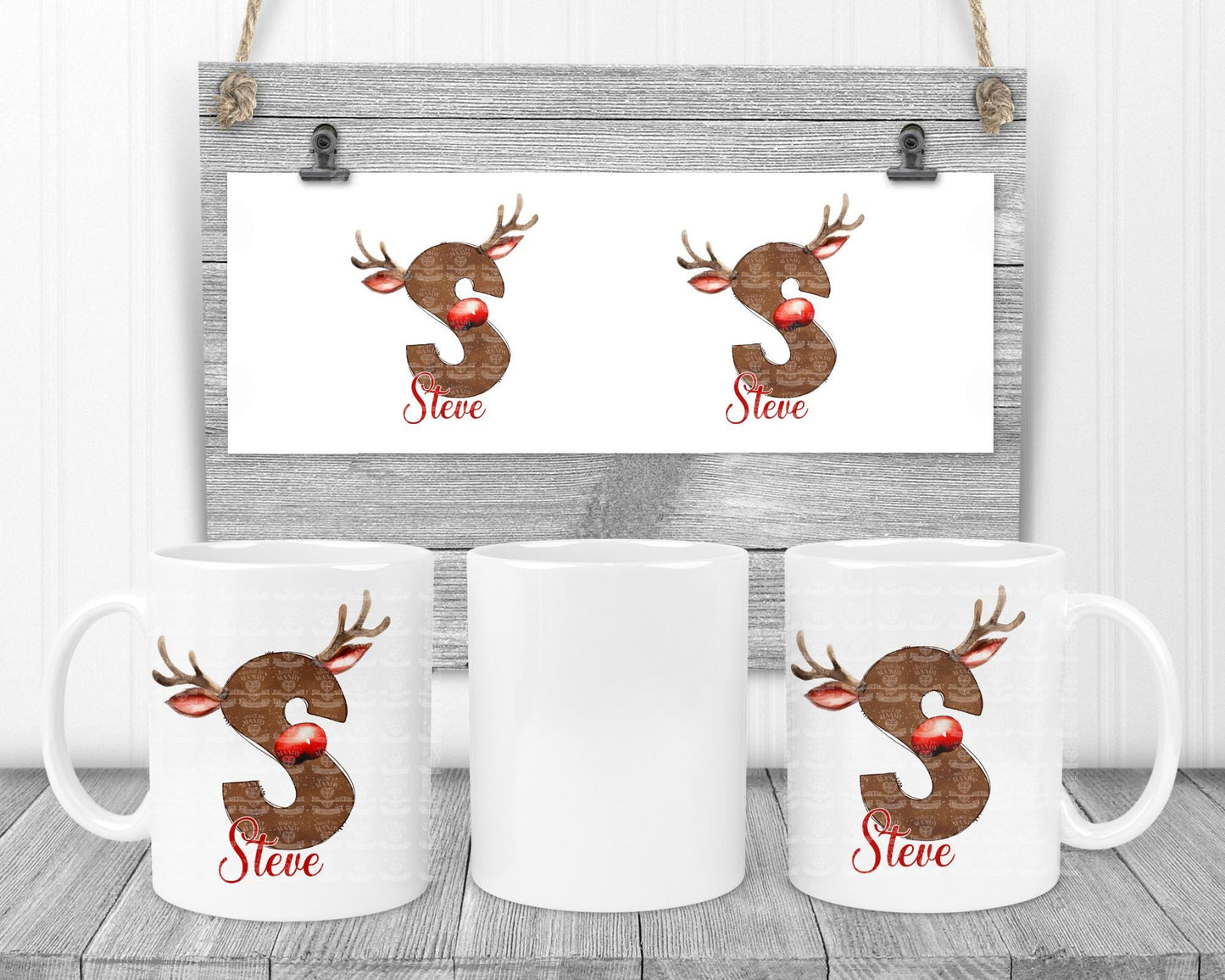 Personalised Reindeer style initial with antlers and name Christmas hot chocolate mug