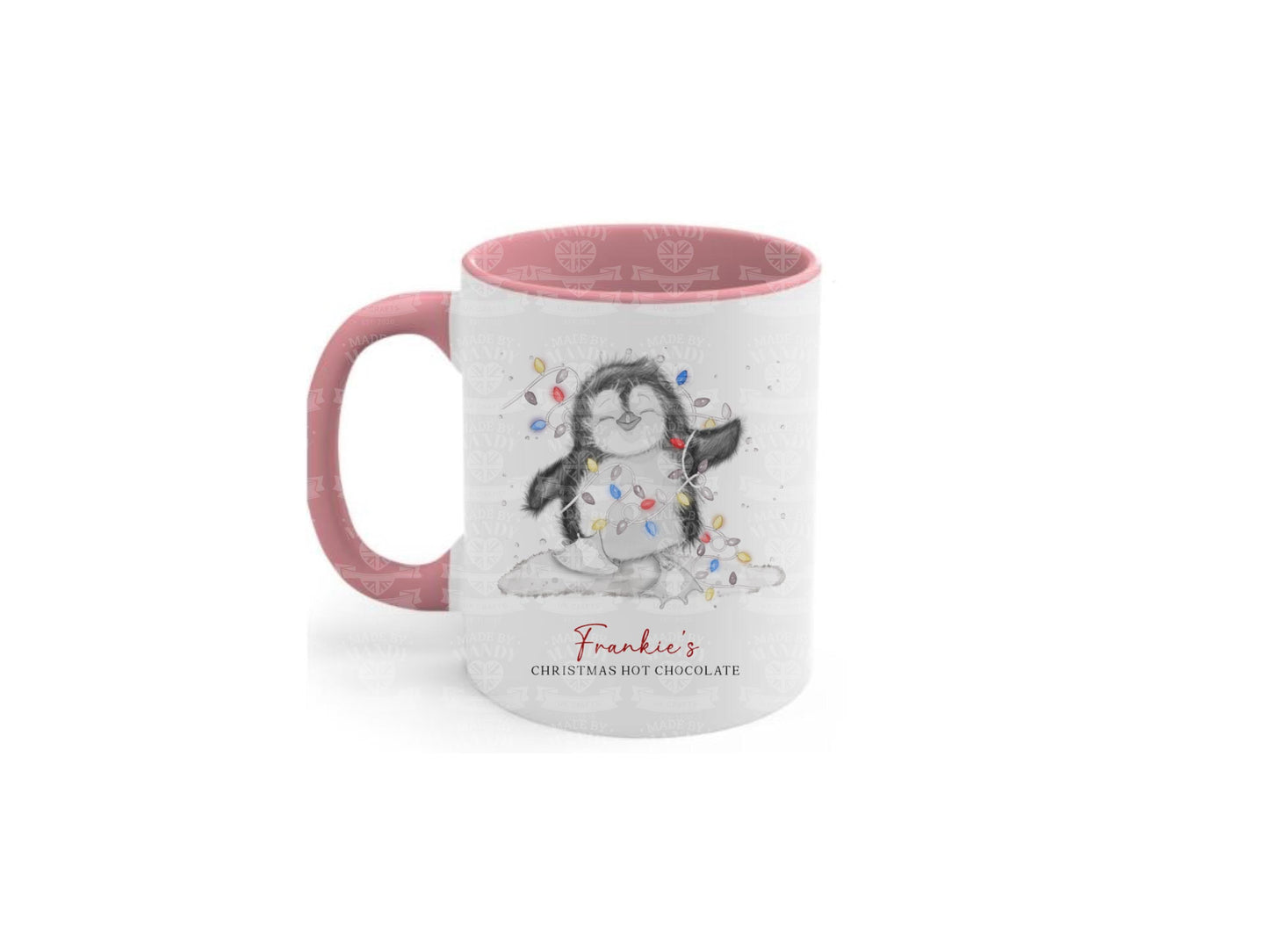 Cute penguin with multi coloured lights personalised Christmas mug gift for children adults office Hot chocolate lover gift idea