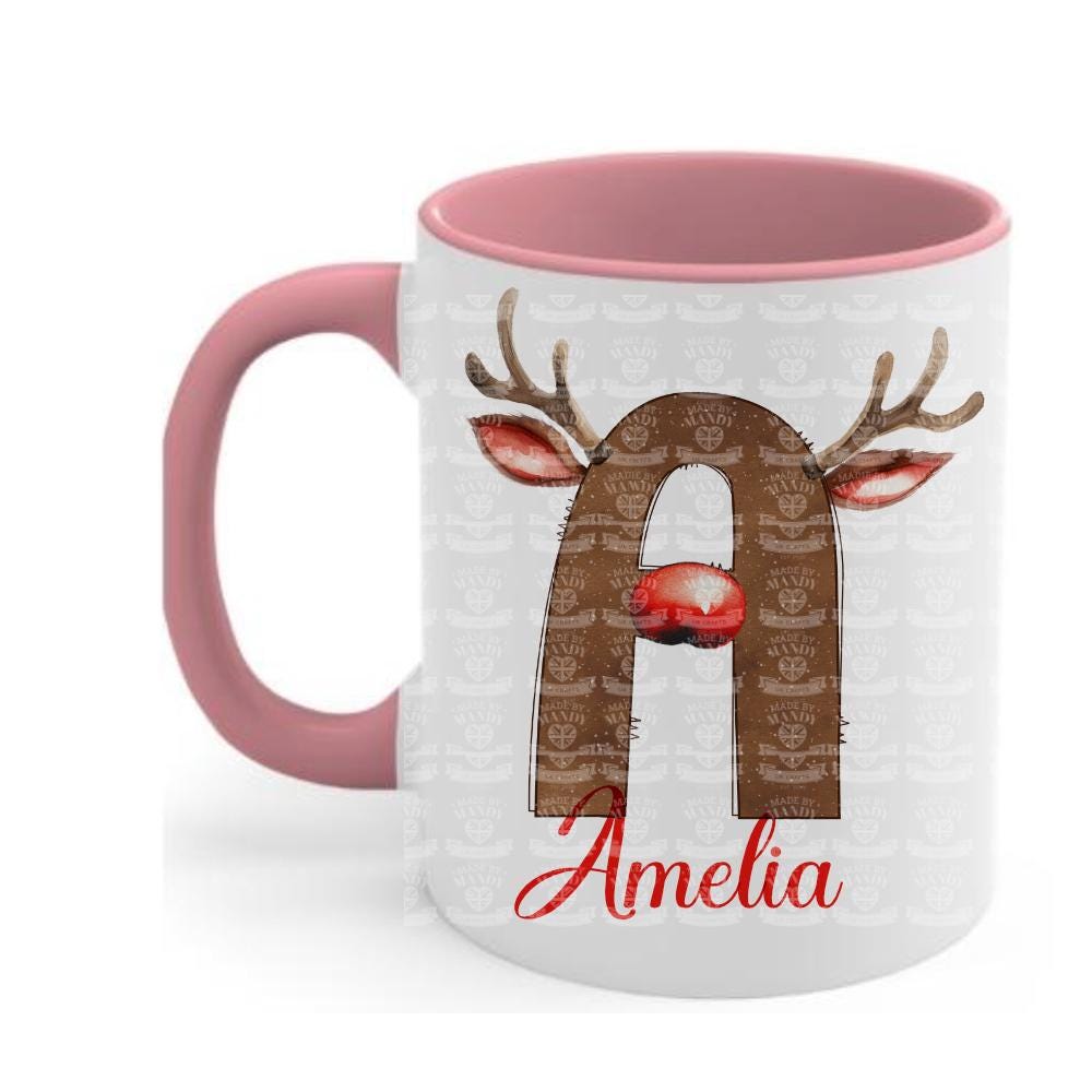 Personalised Reindeer style initial with antlers and name Christmas hot chocolate mug