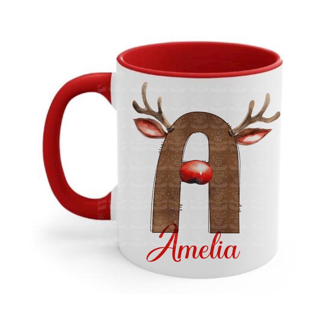 Personalised Reindeer style initial with antlers and name Christmas hot chocolate mug