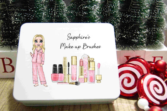 Personalised  Large tin for Make up, Brushes, storage, pink makeup with a girl character in pink stripe pyjamas, Christmas, birthday,